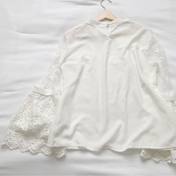 White Pleated Front Flared Eyelet Lace Sleeve Blouse - Picture 7 of 8